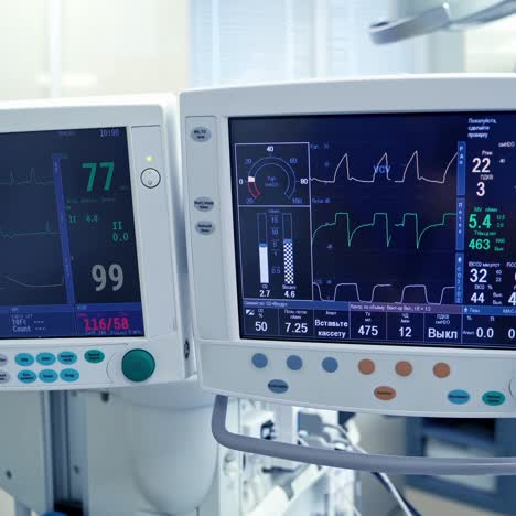 medical monitors in the intensive care unit. graphic lines on the screen of monitors showing heart ecg of patient's condition during the operation.