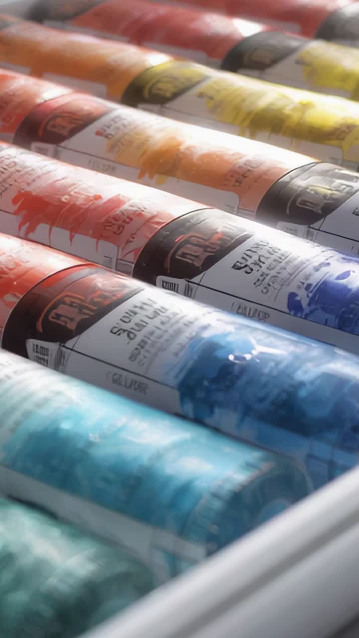 Vertical video: Opening with red paint tube in white tray, camera panning across caps and colors