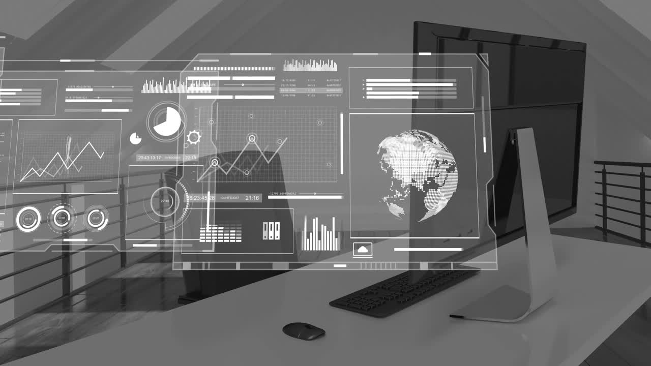 Animation of graphs, loading circles and globes over unoccupied chair and desktop in office
