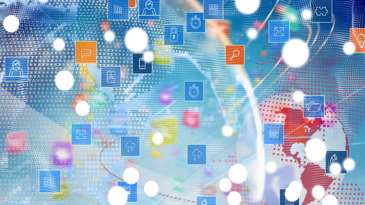 Animation of globe, connections and tech icons over blue background