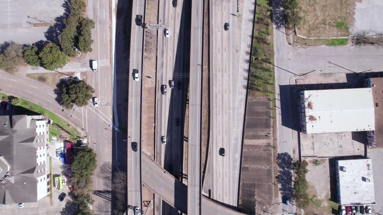 Drone Shot of US-69 and I-59 Highway Traffic, Eastex Freeway in Houston, Texas USA