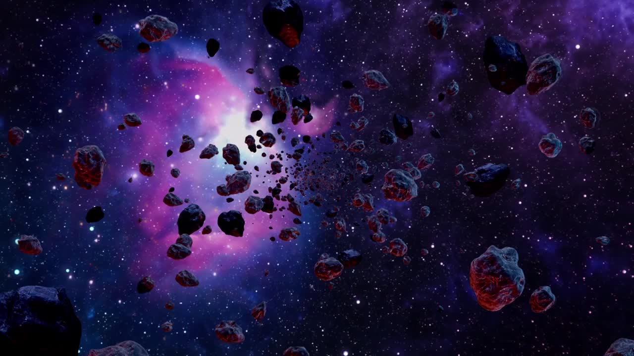 Massive dark asteroids drifting across luminous cosmic nebula, revealing mysterious interstellar expanse with ethereal galactic movement and surreal celestial beauty