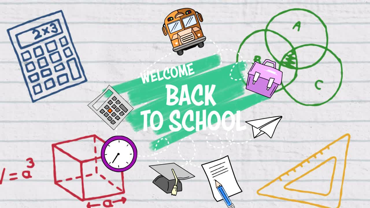 학교 개념 아이콘과  ⁇  줄로 된 종이에 대한 학교 텍스트에 다시 오신 것을 환영합니다.