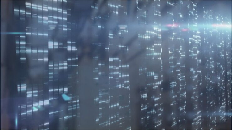 Animation of digital data streams with light effects creating futuristic technology