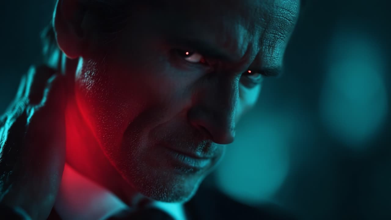 A Tense Moment of Reflection: A Man Grappling with Pain and Emotion, Illuminated by Striking Red and Blue Lighting, Capturing a Powerful Inner Conflict