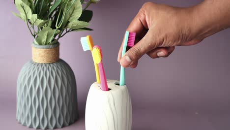 ful toothbrushes in white mug against a wall