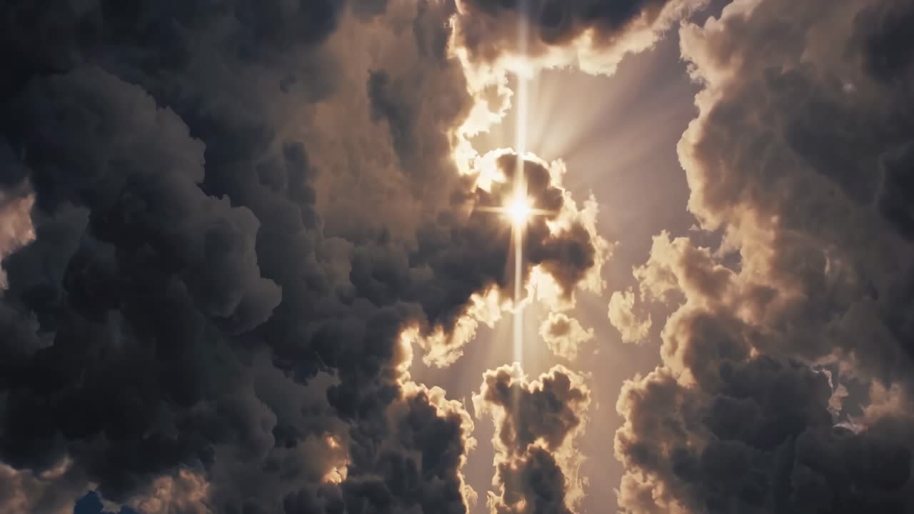 Un angolo drammatico verso l'alto cattura i raggi del sole che filtrano attraverso le nuvole scure, creando un effetto cinematografico