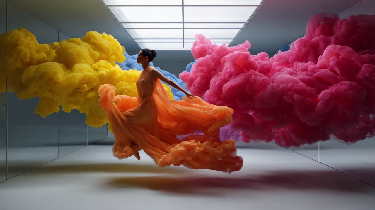 A graceful figure in a flowing orange dress dances amidst vibrant clouds of yellow and pink, a beautiful fusion of color, movement, and creativity captured in an ethereal setting that exudes artistic elegance