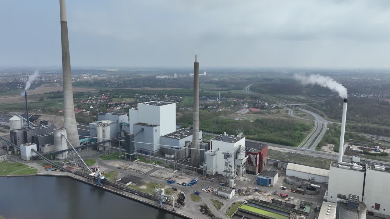 Power plant in Odense, Denmark, electricy generation, power and energy, Aerial drone view. Industrial site.