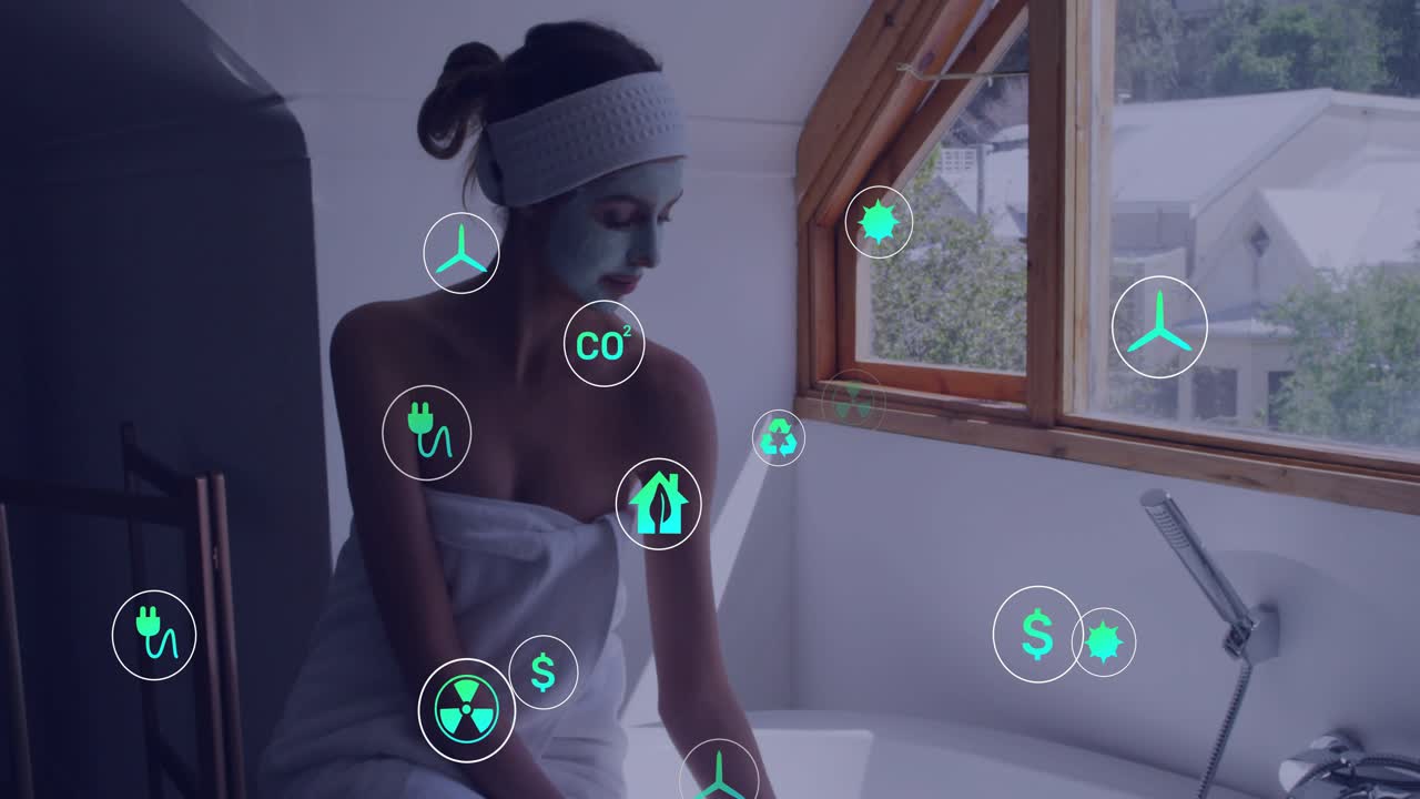 Bathroom woman dipping hand into water testing warmth while green energy icons emerging around tub