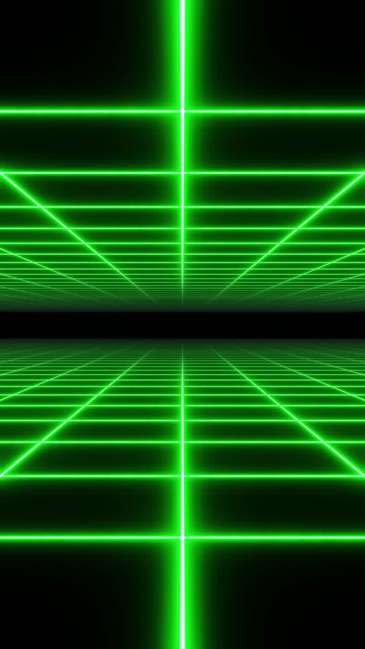4K vertical animation loop. Endless grid corridor with glowing green lights