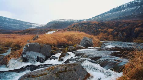 Agua-Que-Fluye-Rápidamente-En-El-Río-De-Montaña-Congelado,-Islandia