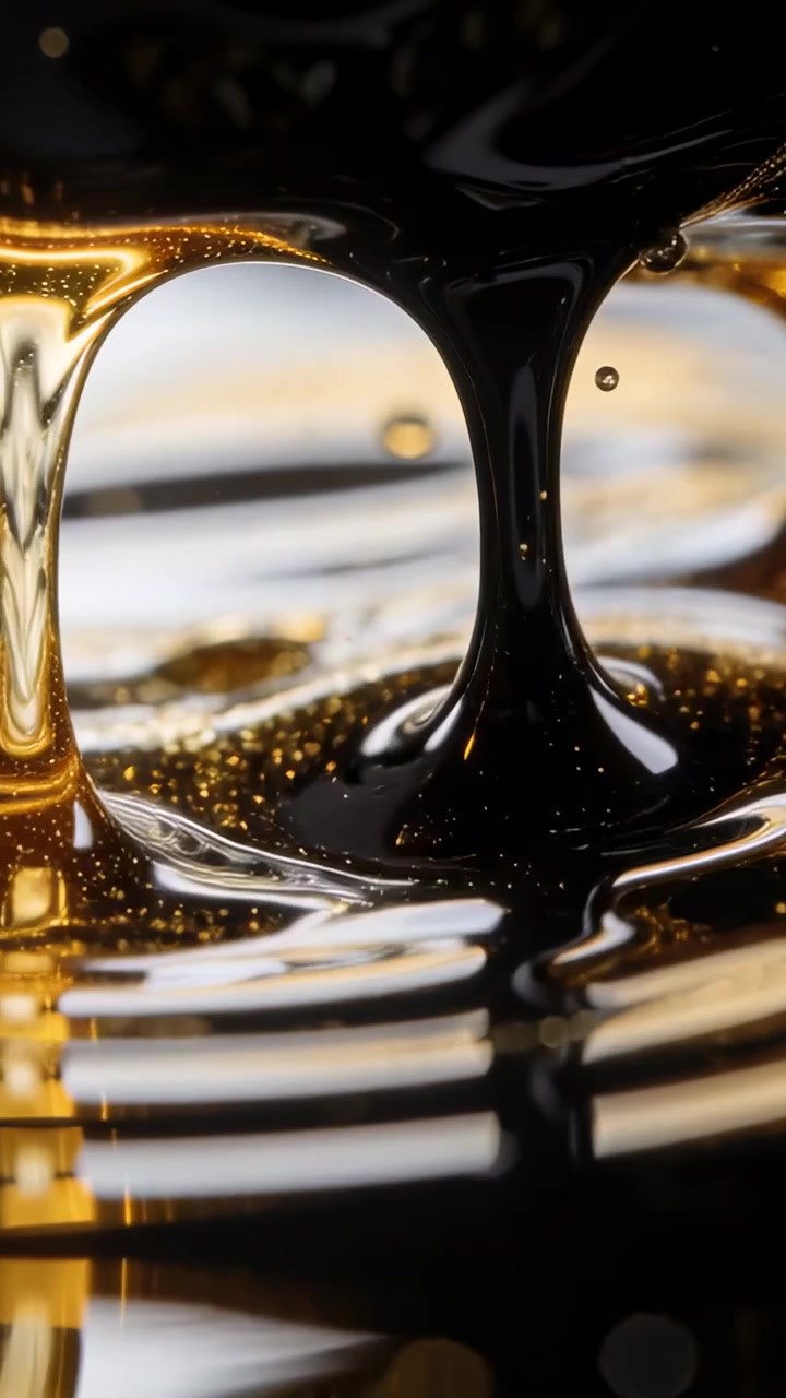 Vertikales Video: Bernsteinfarbene und schwarze Ströme fallen durch die Schwerkraft, verjüngen sich über einem Becken und lösen einen Tropfen ab.