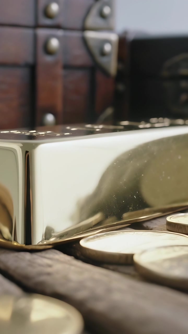 Video verticale: Telecamera che si sposta mostrando un lingotto d'oro lucido che brilla su un tappetino, per esporre monete in un baule.