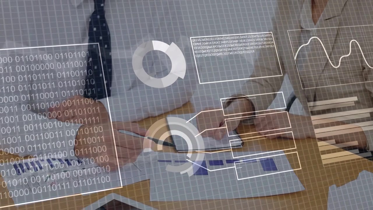 Business team reviewing reports, man pointing pen and tapping causing HUD animating for review