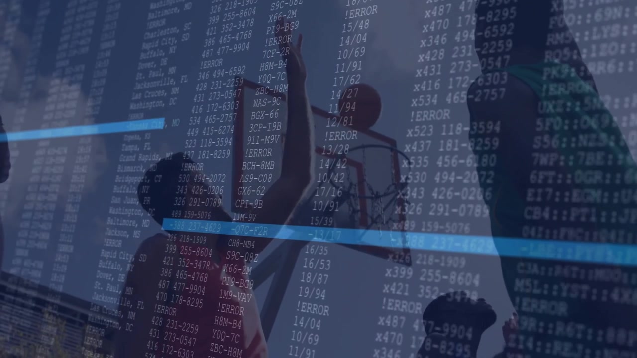 Dribbler approaching hoop causing overlay error log with blue bars analyzing for sports technology