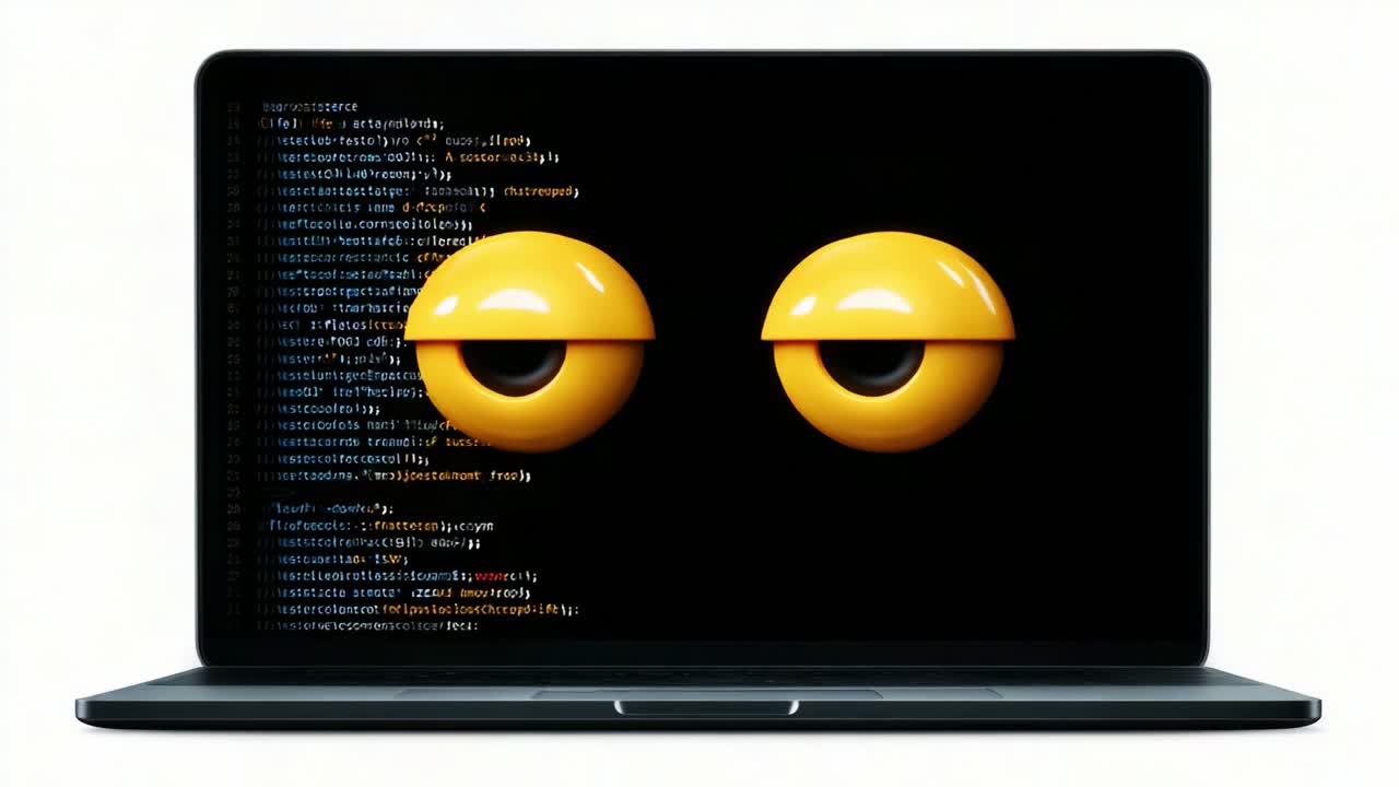 A captivating visual representation featuring a laptop with a black screen displaying code, while two animated yellow eyes intriguingly emerge from the display, inviting curiosity and engagement