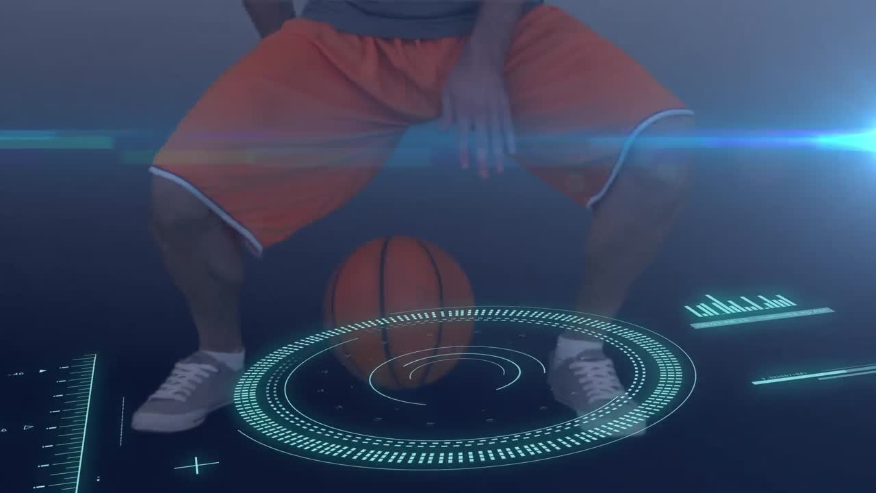 Animation of scope scanning and data processing over caucasian man playing basketball