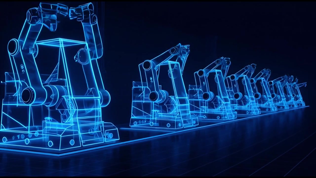 Automated Robotic Arms Moving on a Futuristic Production Line