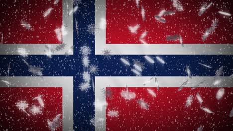 bandera de noruega caída de nieve en bucle, año nuevo y navidad fondo, bucle