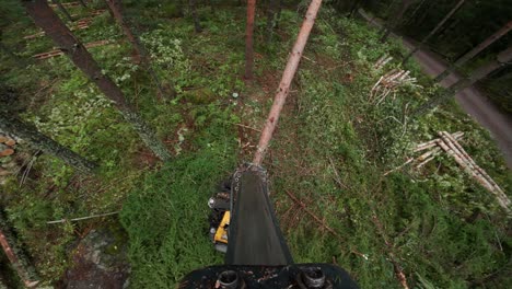 POV-Boom-Aufnahme-Von-Der-Erntemaschine,-Die-In-Nordischen-Wäldern-Arbeitet,-Aufgenommen-Mit-DJI-Osmo-Action-4