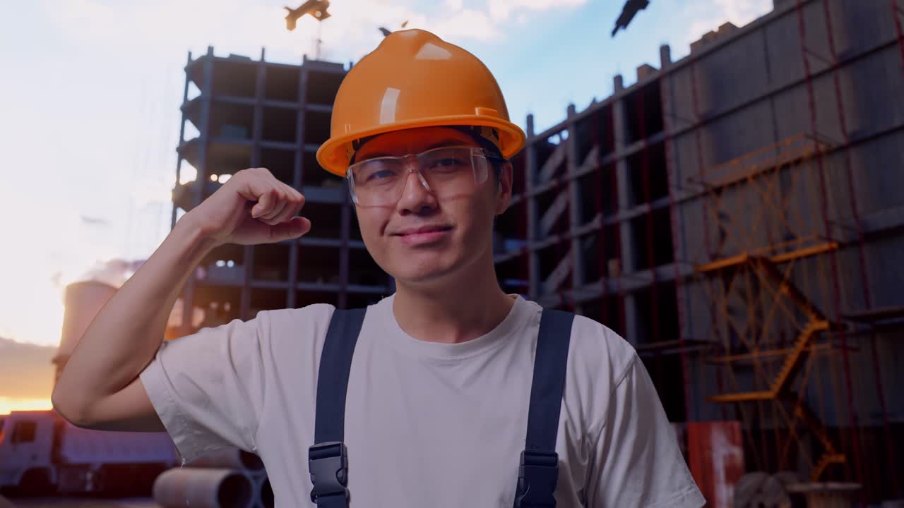 un trabajador asiático flexiona su bíceps en un sitio de construcción