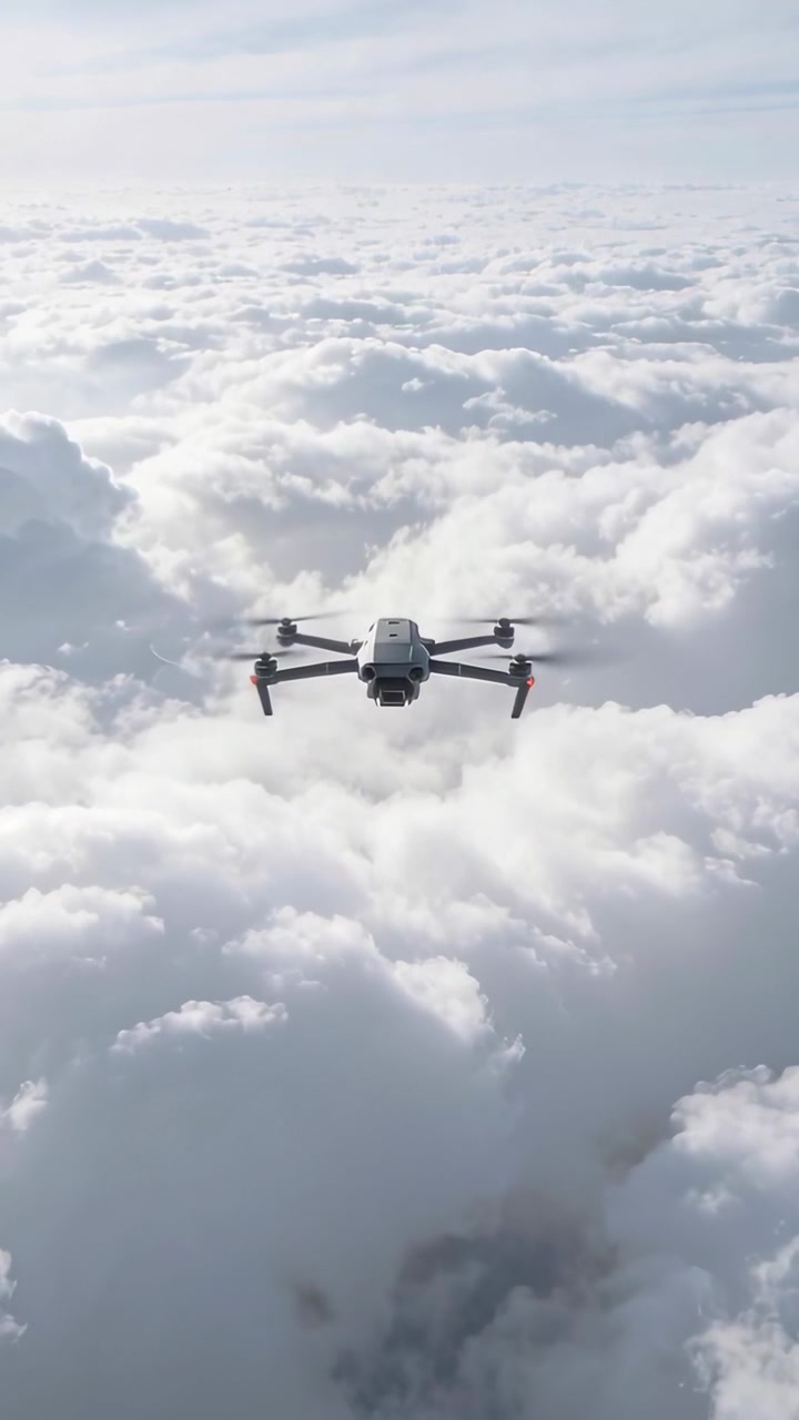 Vertikal video: Flyvende drone bevæger sig fremad over et cumulussky-dække, viser foldbare arme og gimbal
