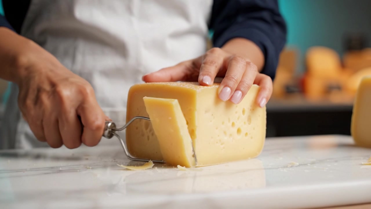 Expertly Hand-Cutting and Slicing Cheese: A Close-Up Look at Cheese Preparation with Precision and Skill in a Culinary Setting