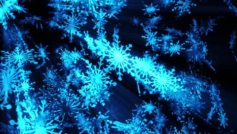 looping falling blue light shine bokeh digital snowflake on dark blue background animation. snowflakes animation with blurred bokeh for winter snow, christmas and new year background. snow snowfall snowflake