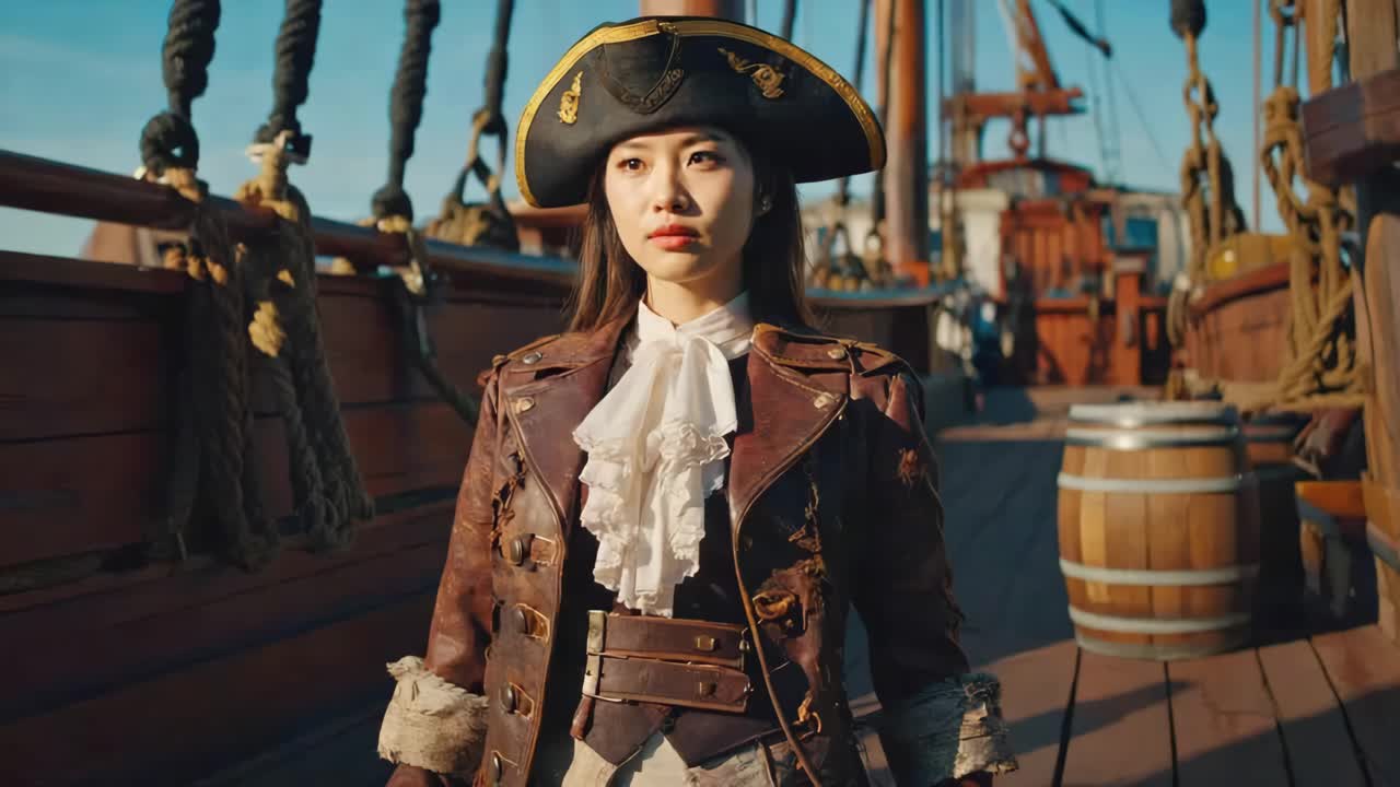 женщина в пиратском костюме на корабле