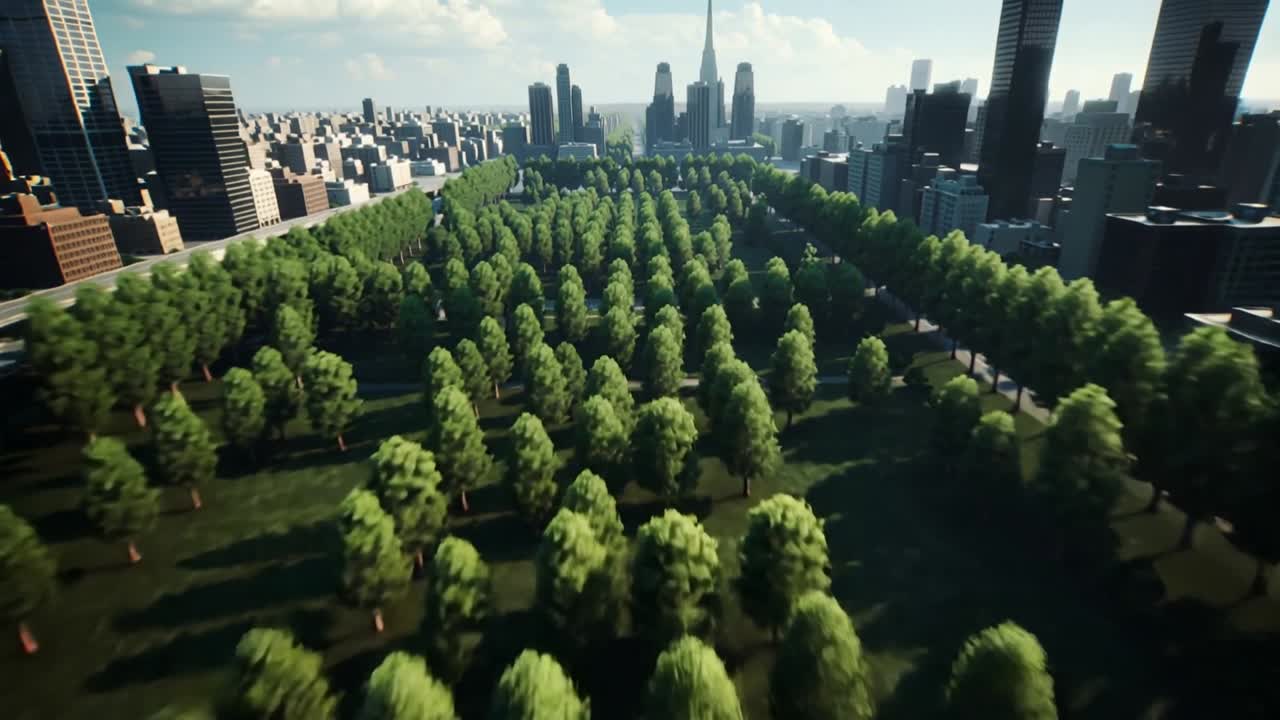 Câmera deslizando após lançamento, descendo sobre parque retangular para revelar o skyline da cidade e grade de árvores.