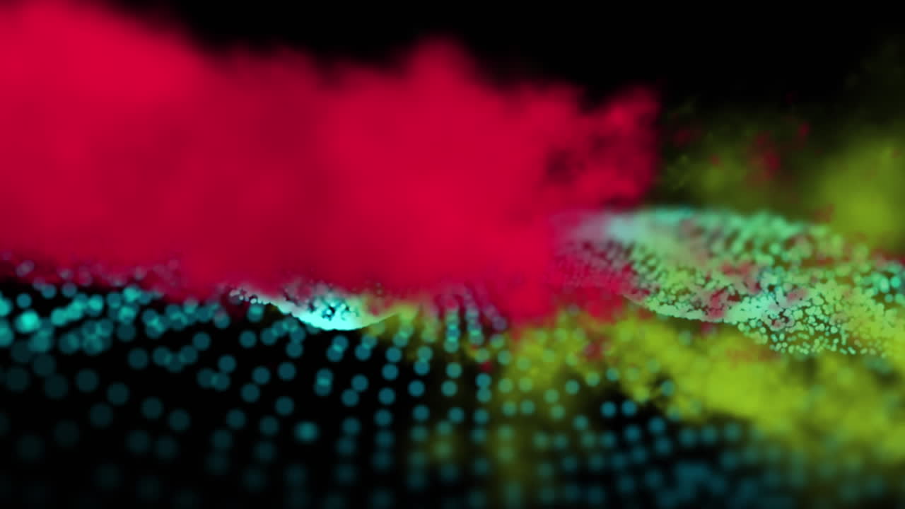 Animation of yellow and red smoke trails over undulating contour landscape of blue dots on black
