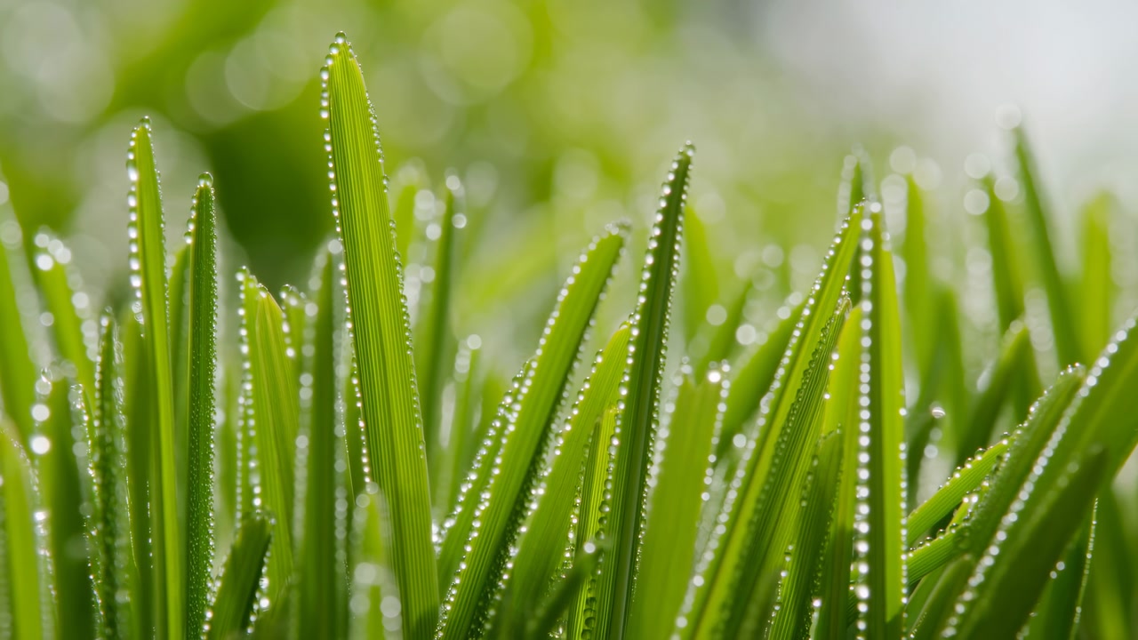 Primo piano ravvicinato dal basso di fresche lame d'erba verde coperte di goccioline di rugiada, retroilluminate dalla morbida luce del mattino. Foglie strette riempiono il primo piano al centro-sinistra