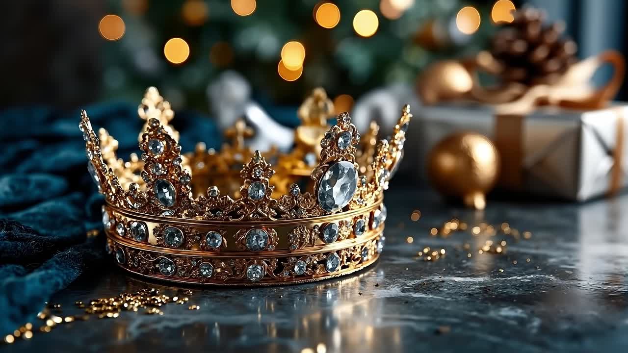 A gold crown sitting on top of a table next to a Christmas tree
