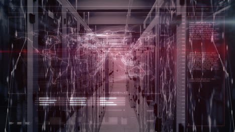 animation of world map and data processing over server room