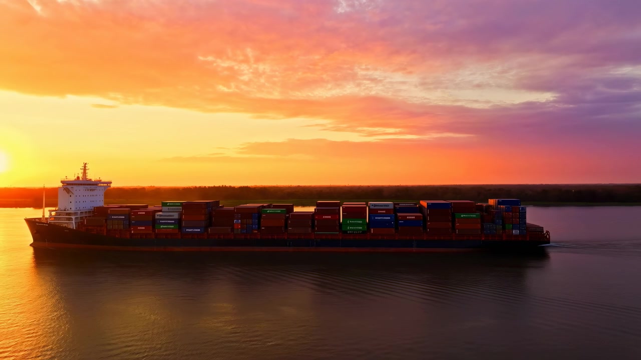 Containerskib ved solnedgang på vandet, glider langs rolig kystrute med stablede farverige containere.