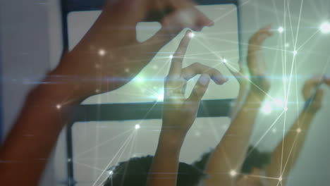 animation of networks of connections over diverse schoolchildren raising hands