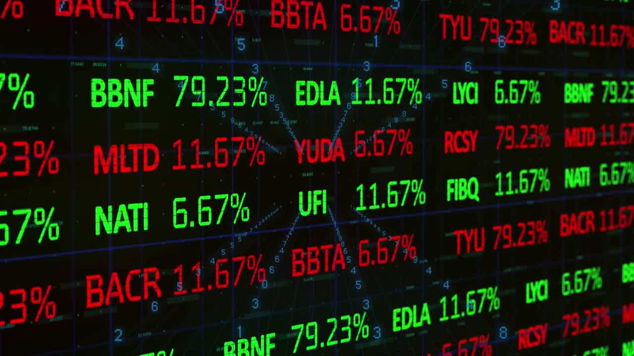 Animazione di codifica binaria e elaborazione dati di borsa su sfondo nero