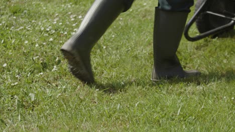 gardener in rubber boots pushing wheel barrow over green meadows