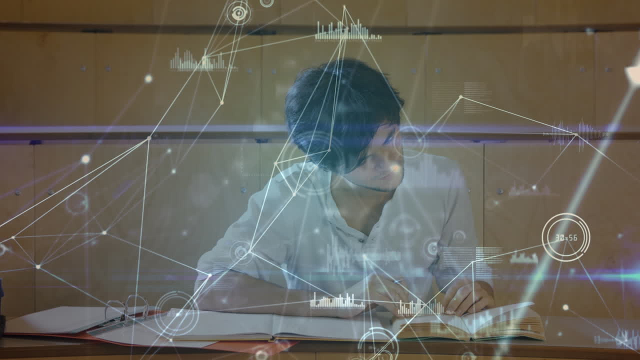 animación de la red de conexiones con iconos sobre el aprendizaje de estudiantes masculinos biraciales en la escuela