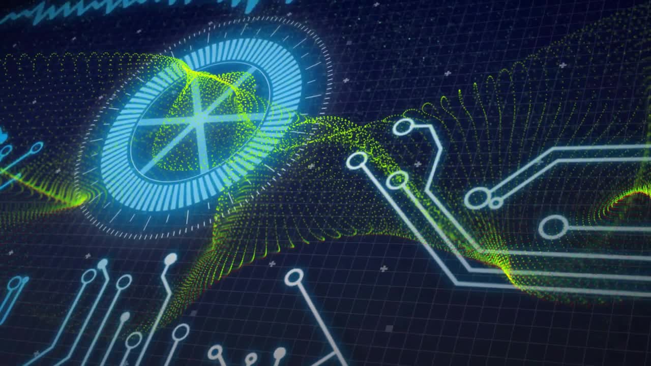 Starting on particle grid, holographic gauge fading and rotating completing data visualization
