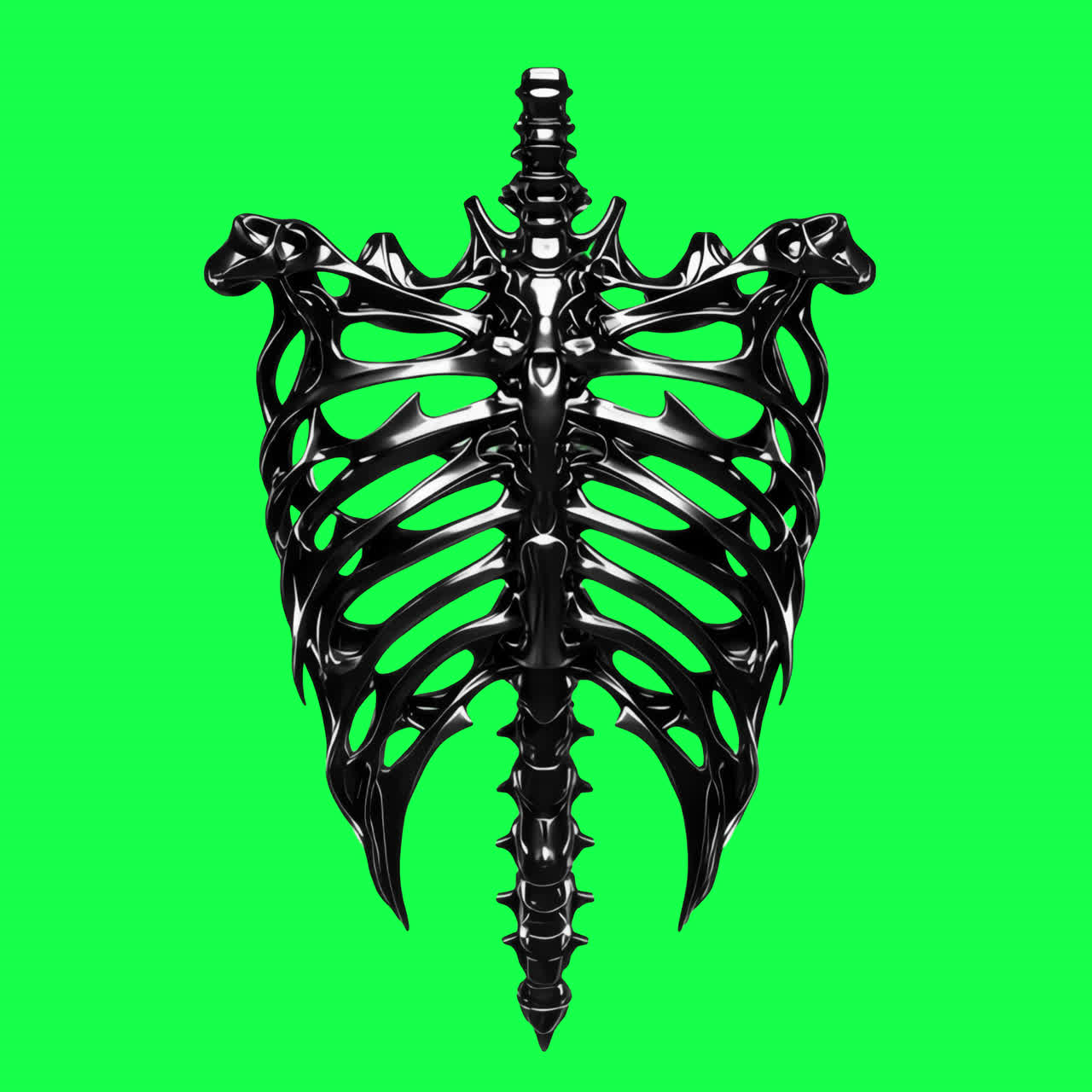 Futuristic black ribcage sculpture animation isolated asset, transparent 4K video, alpha channel