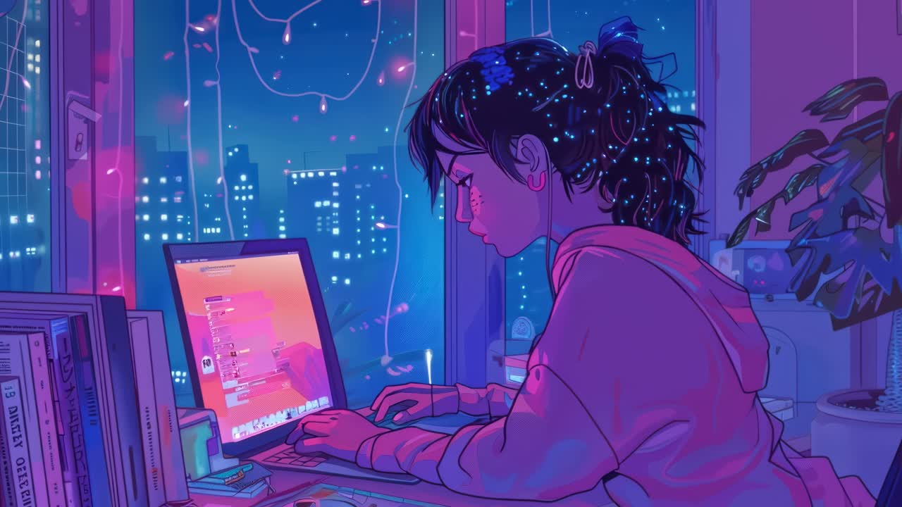 Fermo immagine video in stile anime di una ragazza che digita su un laptop di notte, ripreso di lato, con la città.