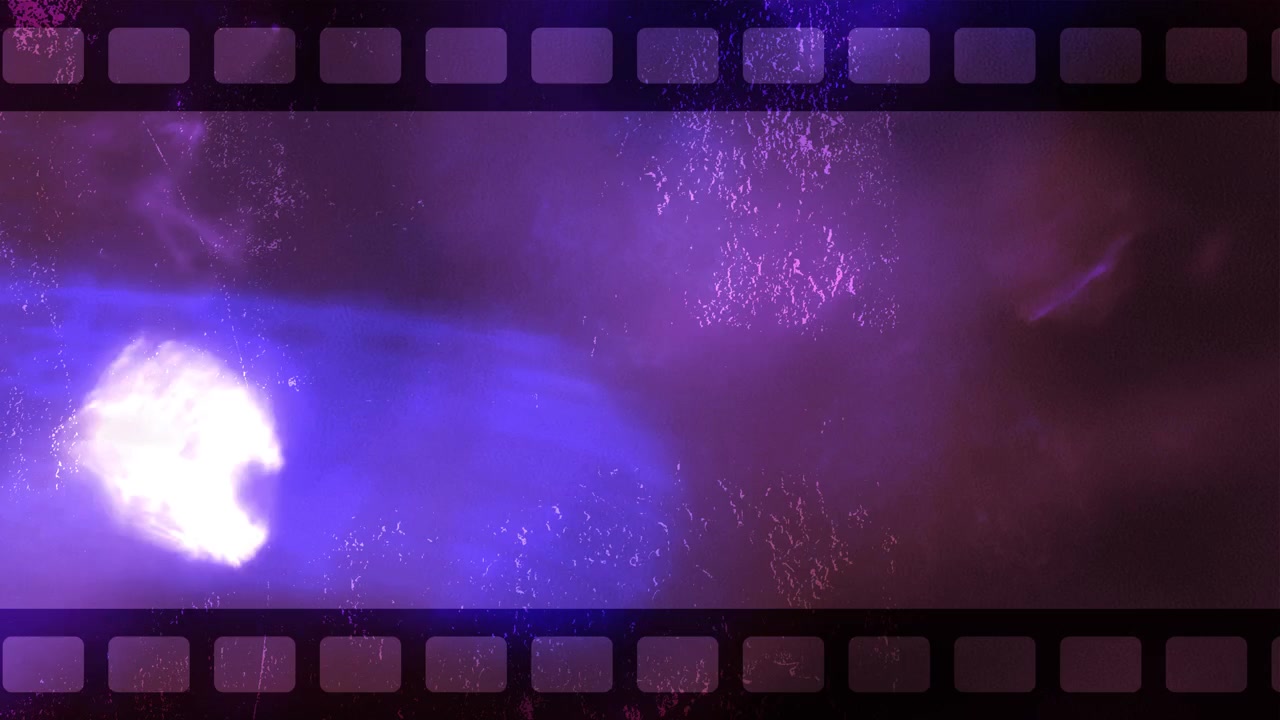 Superposición abstracta de tira de película con fugas de luz azules y moradas parpadeantes