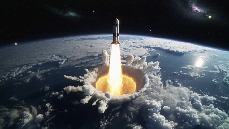 Igniting engines, slender rocket ascending from cloud tops toward orbit, clearing circular hole