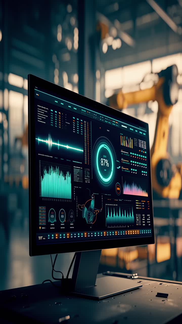 Side angle of a monitor displaying data analytics in a tech video setting