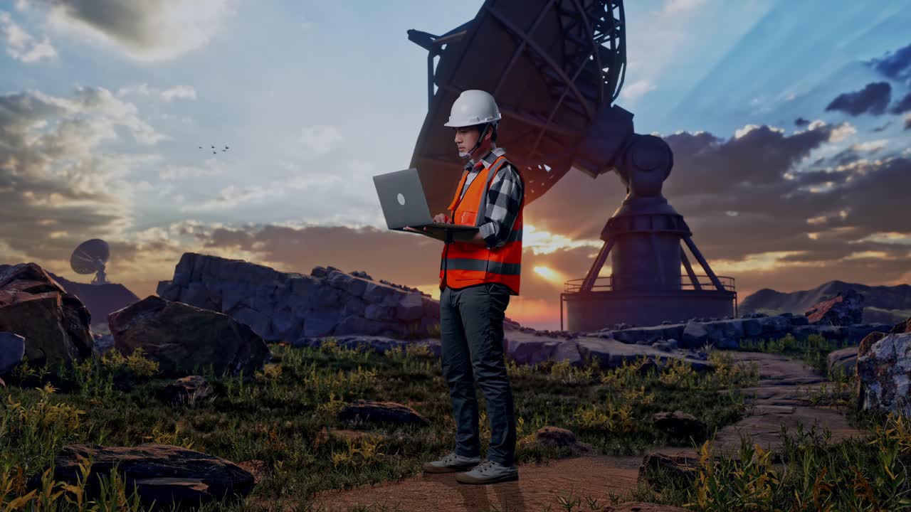 Full Body Side View Of Asian Male Engineer With Safety Helmet Working On A Laptop While Standing With Large Satellite Dish