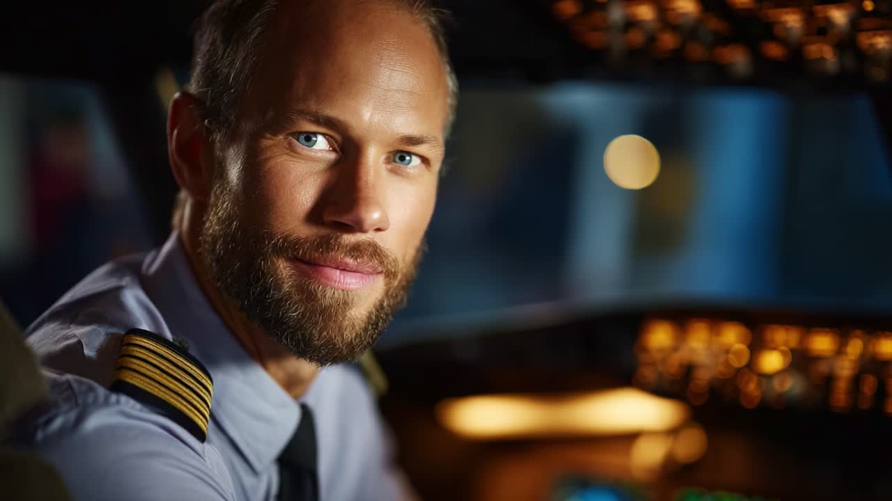 Un pilota sicuro di sé nella cabina di pilotaggio, che dimostra professionalità e preparazione, con un focus sulla sicurezza e competenza nel settore dell'aviazione in un ambiente high-tech