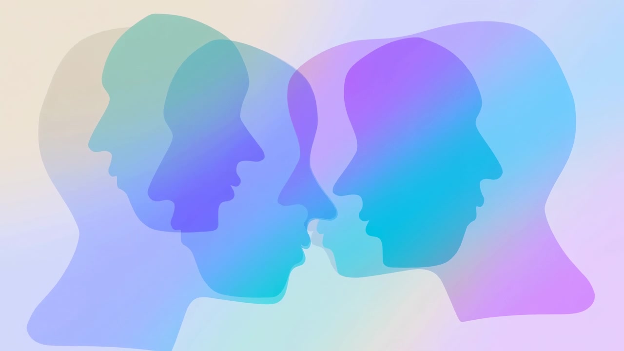 Überlappende, halbtransparente menschliche Profilsilhouetten in Blau, Lila, Rosa und Grün erzeugen eine ruhige, abstrakte Komposition mit einem leuchtenden Pastellverlauf.