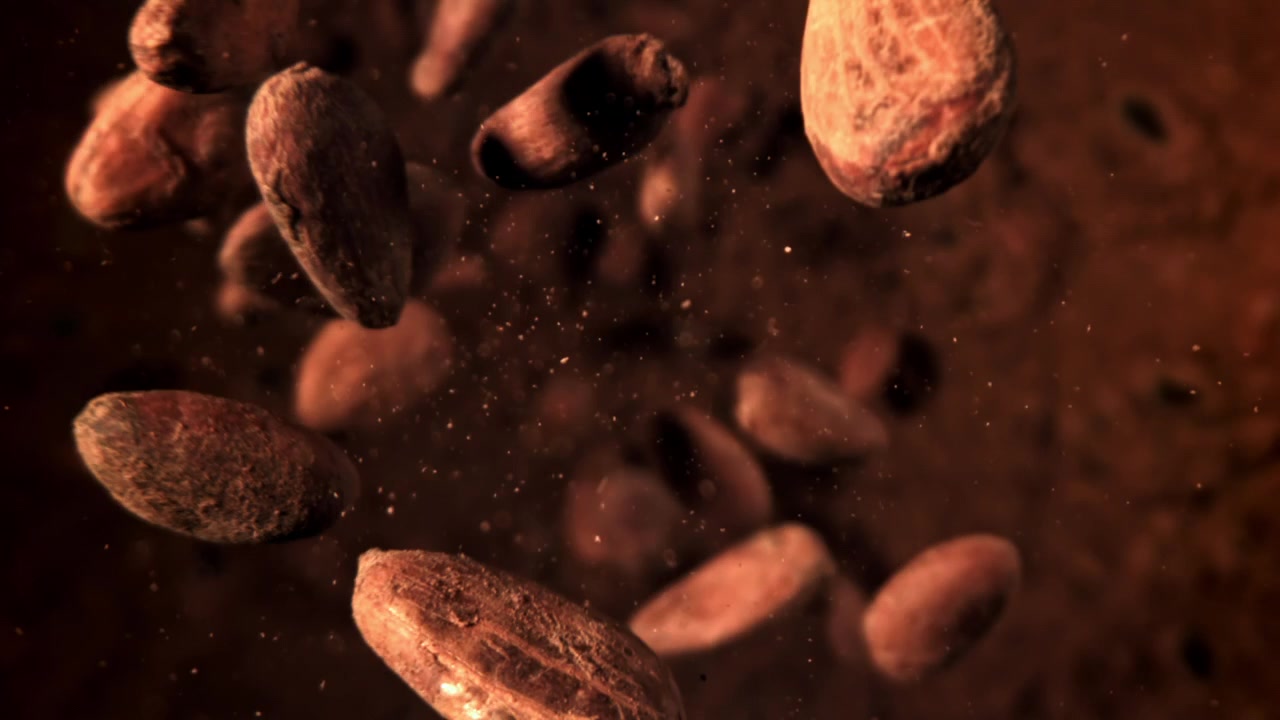 Granos de cacao crudos cayendo y girando en cámara lenta